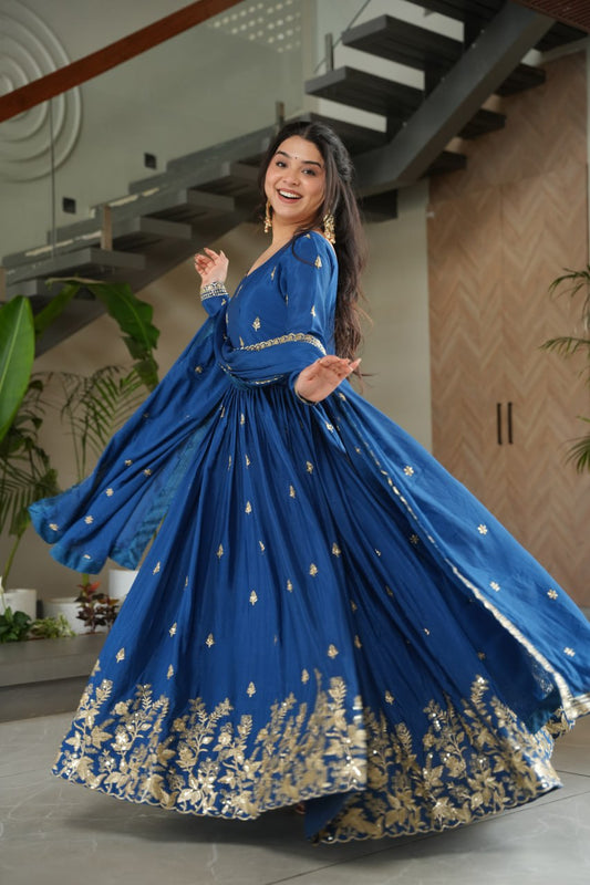 Sonakshi Women's Blue Chinnon Embroidered Zari Sequence Work Anarkali Gown Set With Dupatta