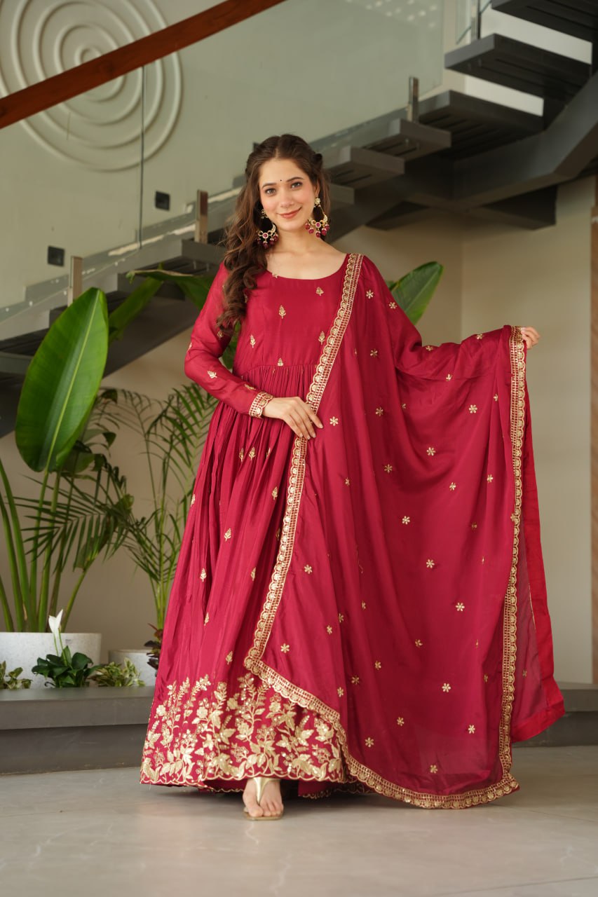 Sonakshi Women's Maroon Chinnon Embroidered Zari Sequence Work Anarkali Gown Set With Dupatta