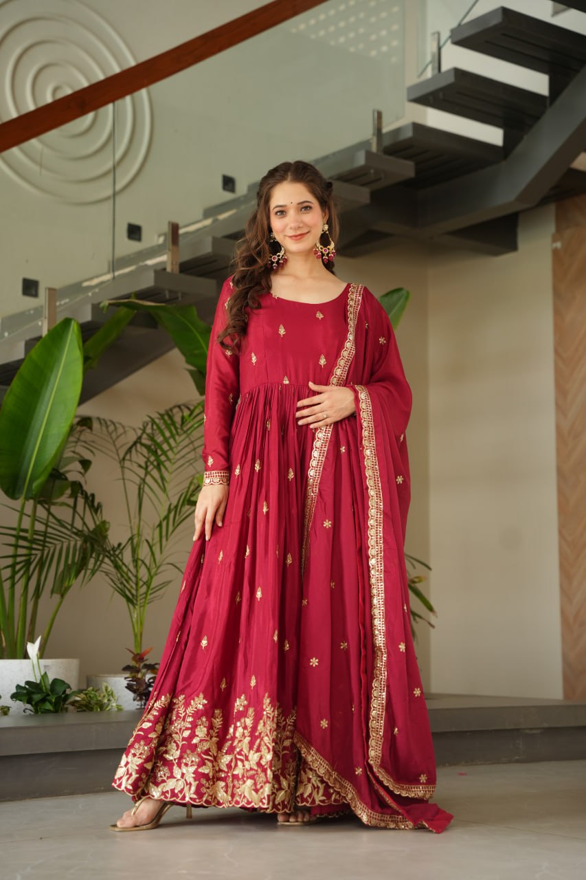 Sonakshi Women's Maroon Chinnon Embroidered Zari Sequence Work Anarkali Gown Set With Dupatta