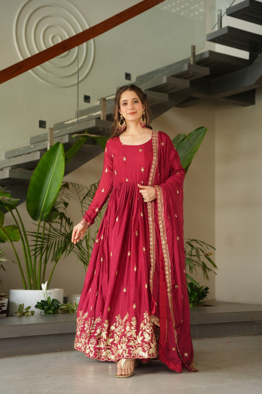 Sonakshi Women's Maroon Chinnon Embroidered Zari Sequence Work Anarkali Gown Set With Dupatta