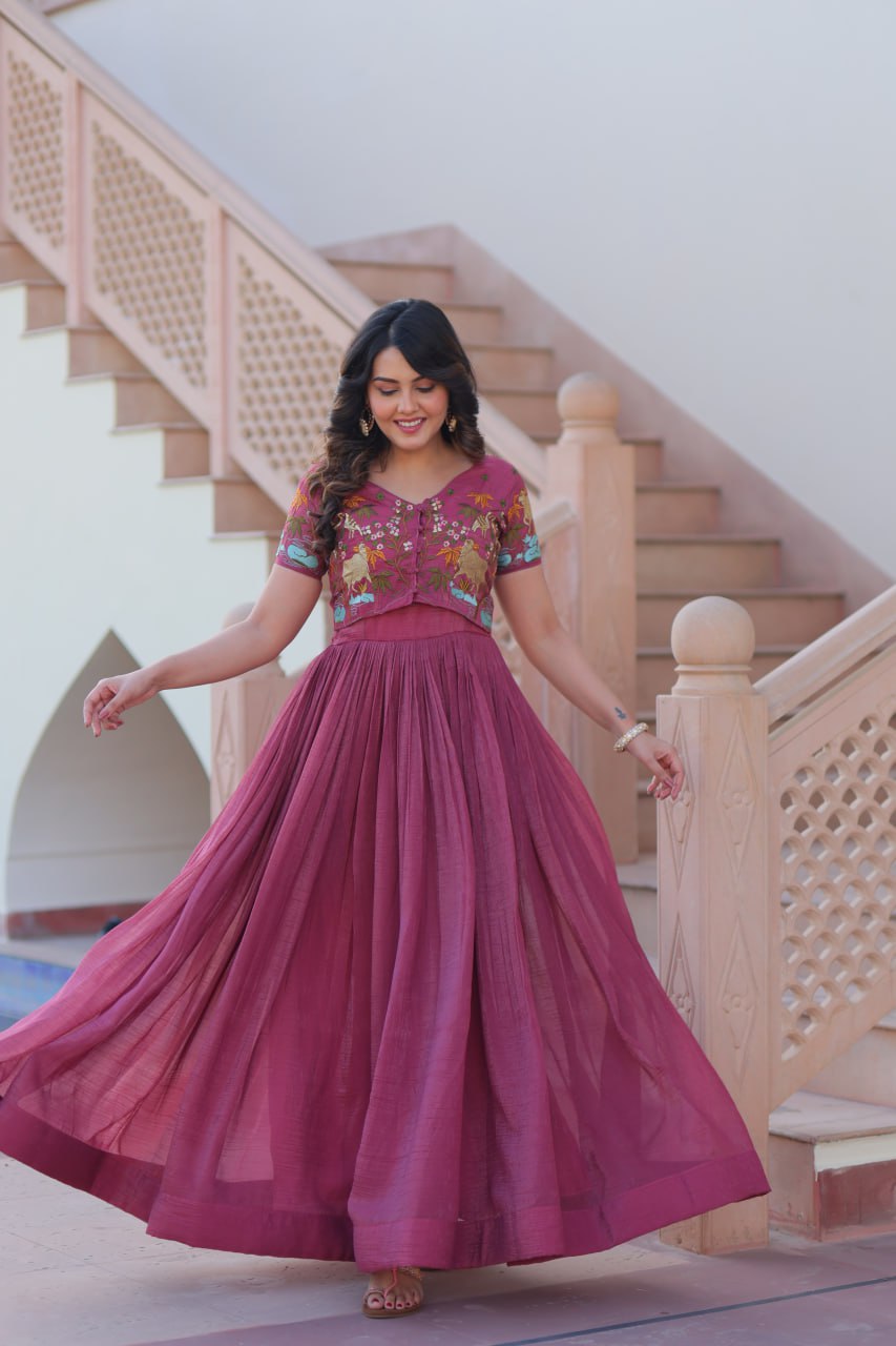 Sonakshi Women's Onion Kora Cotton Multi Thread Embroidered Anarkali Gown Set