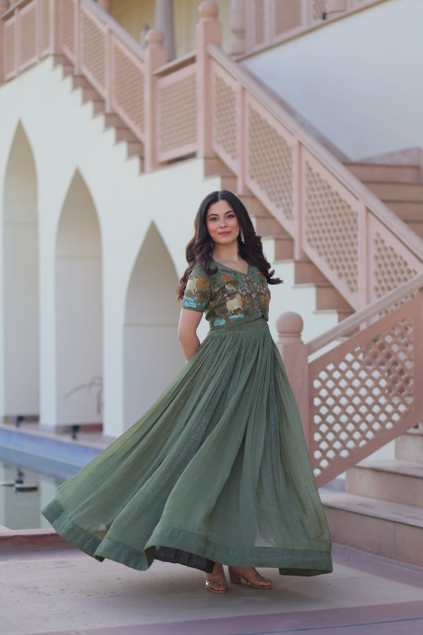Sonakshi Women's Seagreen Kora Cotton Multi Thread Embroidered Anarkali Gown Set