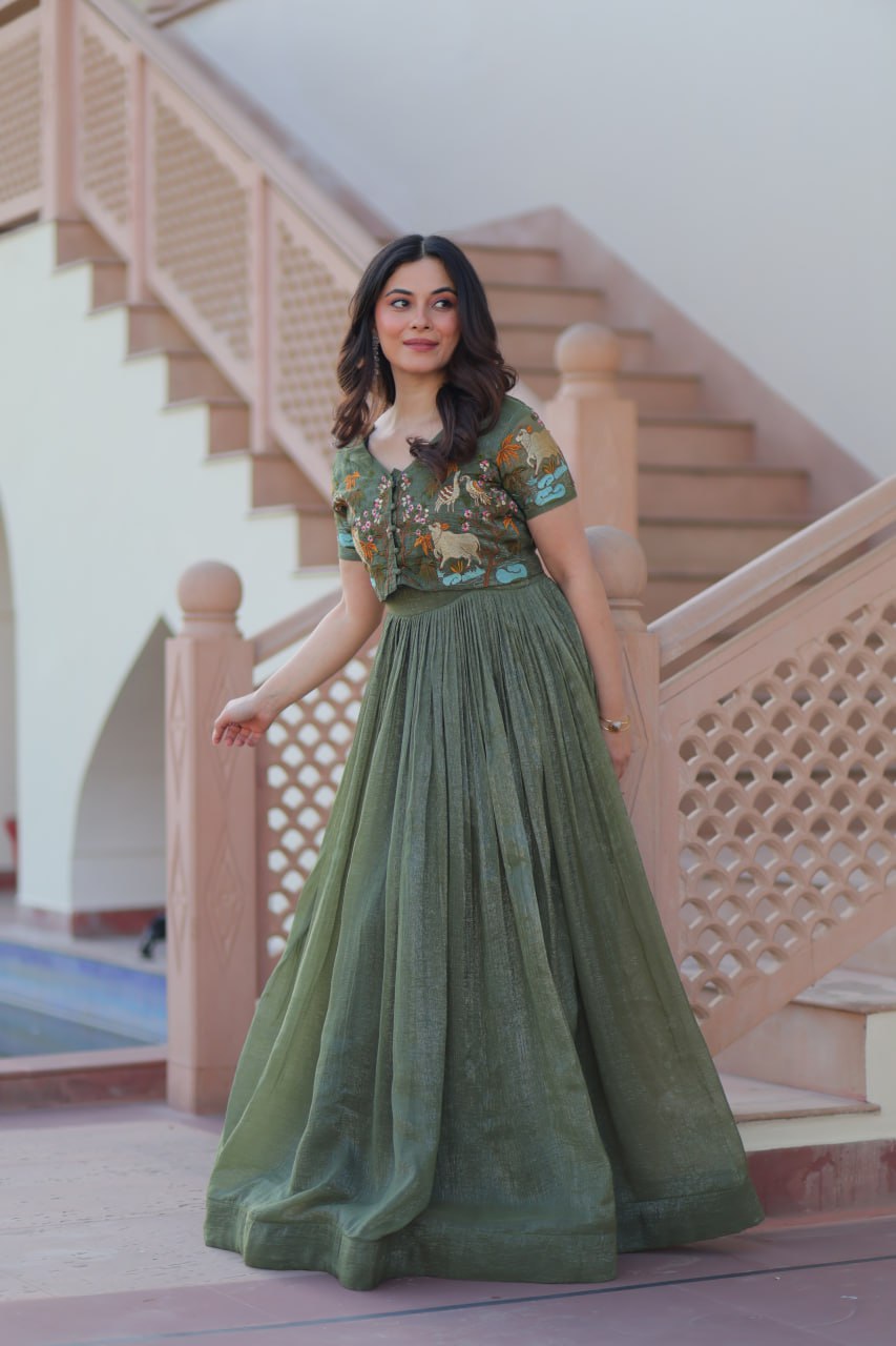 Sonakshi Women's Seagreen Kora Cotton Multi Thread Embroidered Anarkali Gown Set