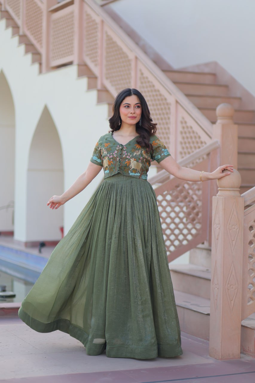 Sonakshi Women's Seagreen Kora Cotton Multi Thread Embroidered Anarkali Gown Set
