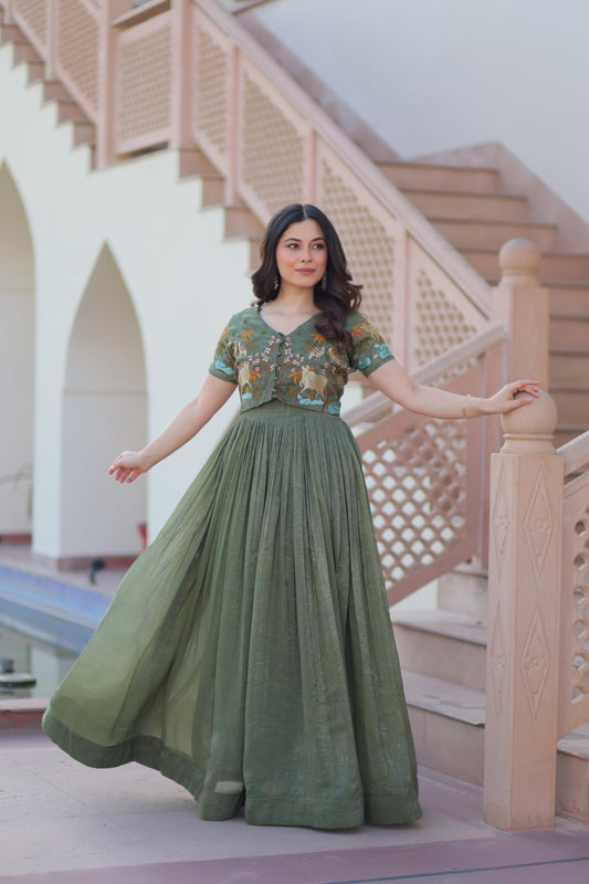 Sonakshi Women's Seagreen Kora Cotton Multi Thread Embroidered Anarkali Gown Set