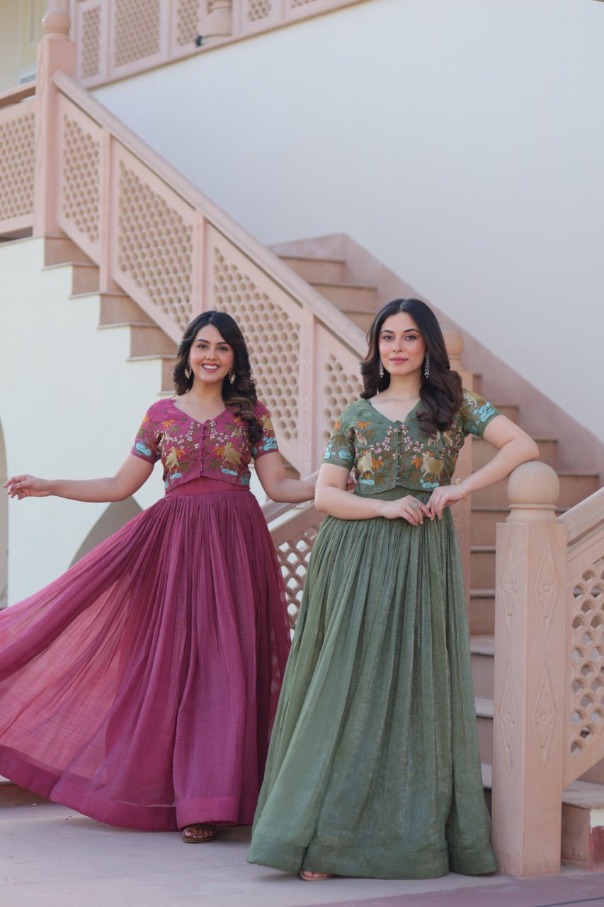 Sonakshi Women's Onion & Seagreen Kora Cotton Multi Thread Embroidered Anarkali Gown Set