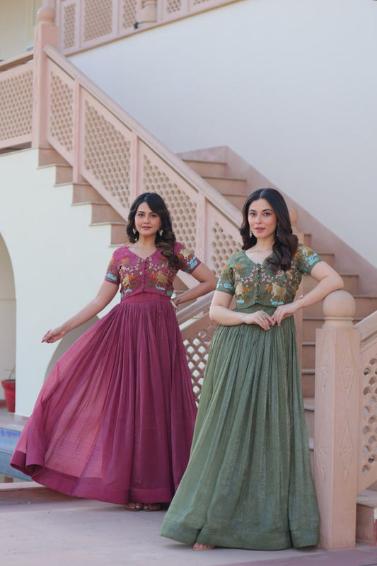 Sonakshi Women's Onion & Seagreen Kora Cotton Multi Thread Embroidered Anarkali Gown Set