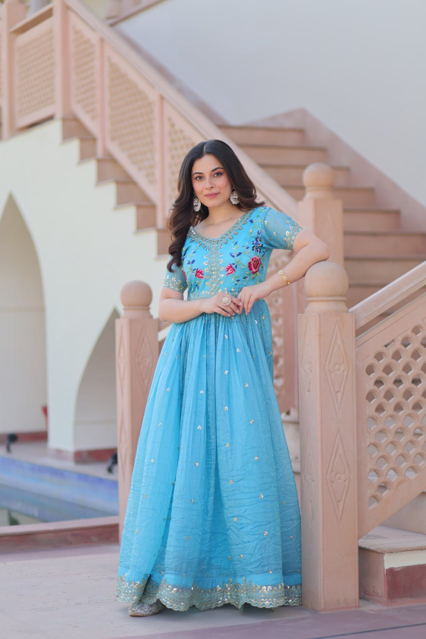 Sonakshi Women's Sky Gold Crush Multi Thread Embroidery Zari Sequince Work Anarkali Gown Set