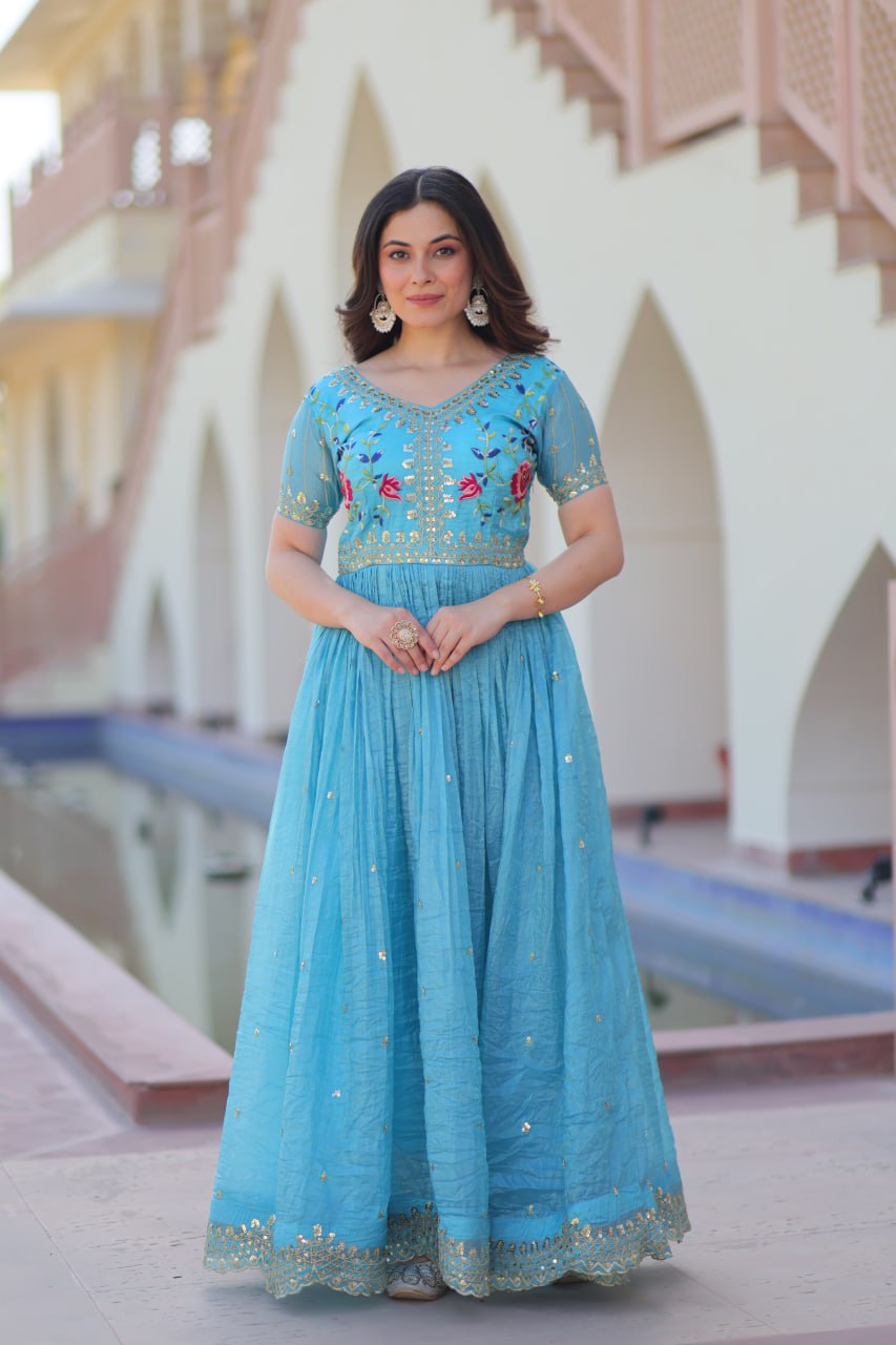 Sonakshi Women's Sky Gold Crush Multi Thread Embroidery Zari Sequince Work Anarkali Gown Set