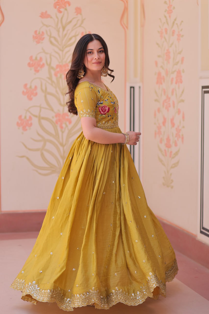Sonakshi Women's Yellow Gold Crush Multi Thread Embroidery Zari Sequince Work Anarkali Gown Set