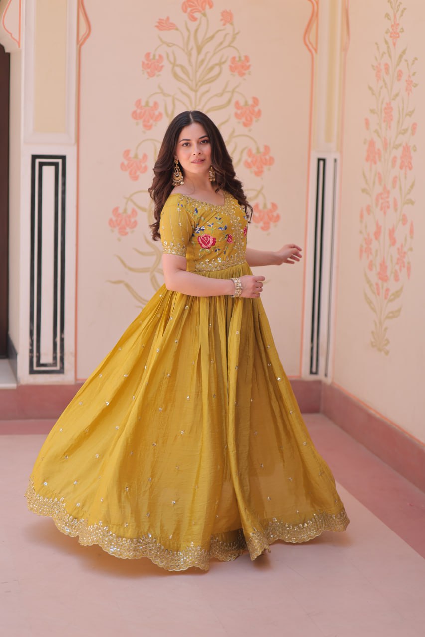 Sonakshi Women's Yellow Gold Crush Multi Thread Embroidery Zari Sequince Work Anarkali Gown Set