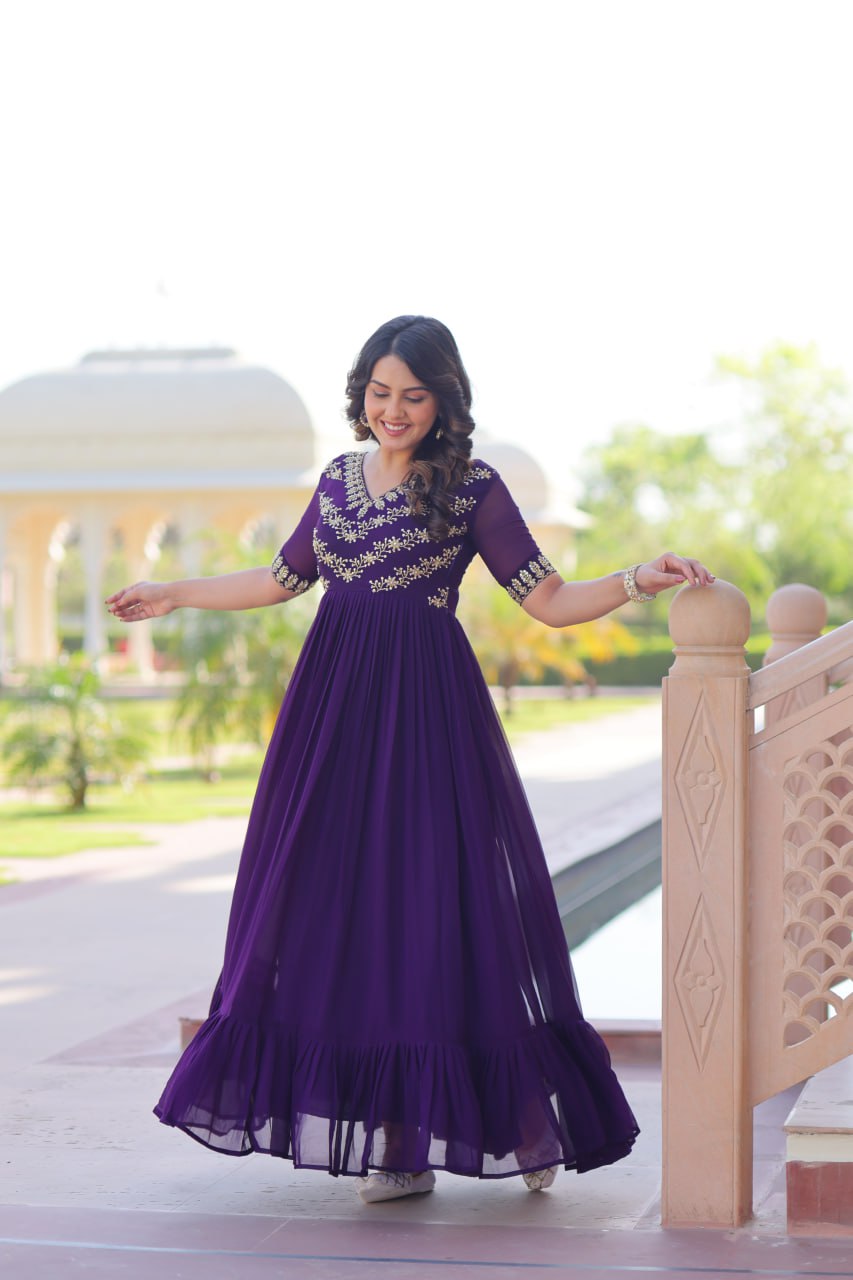 Sonakshi Women's Purple Faux Blooming Sequince Multi Threaded Beads Embroidered Work Anarkali Gown Set