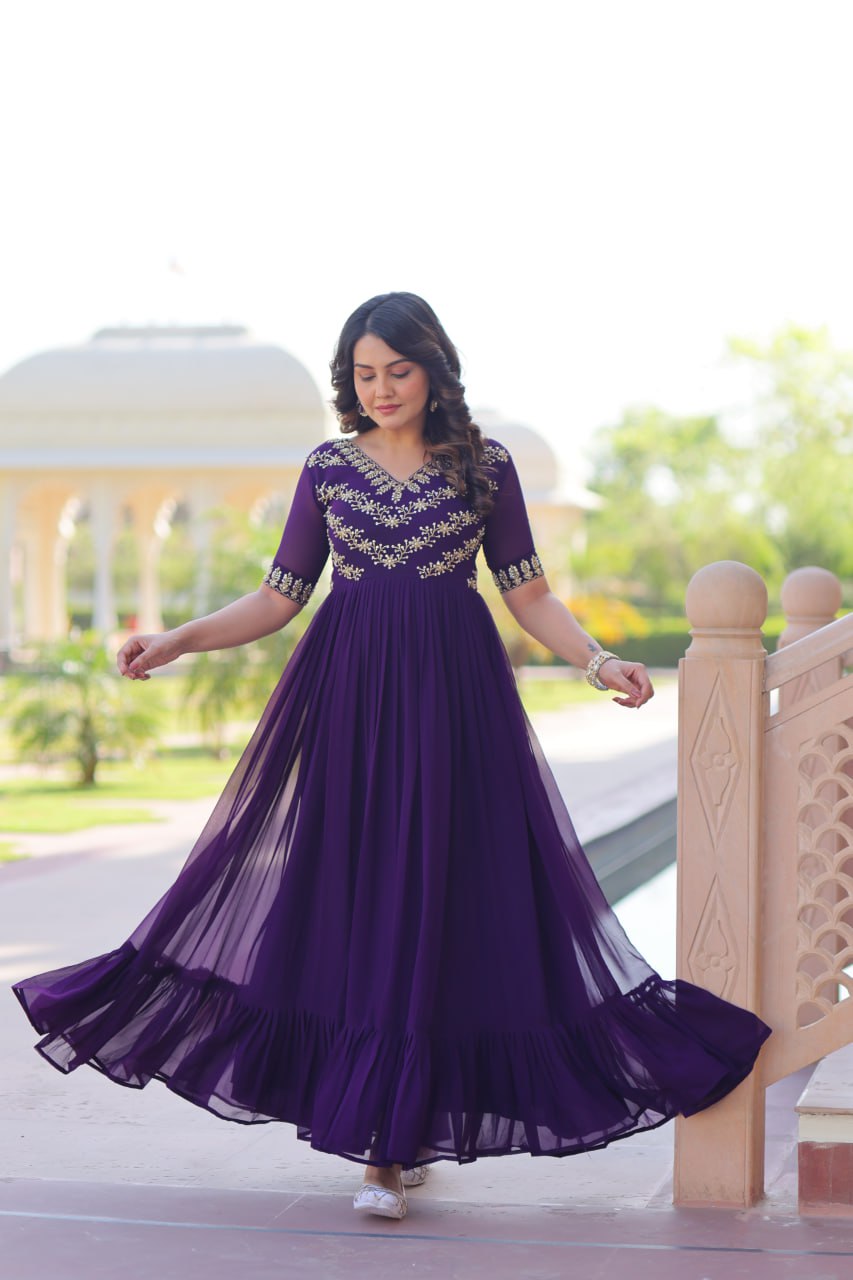 Sonakshi Women's Purple Faux Blooming Sequince Multi Threaded Beads Embroidered Work Anarkali Gown Set