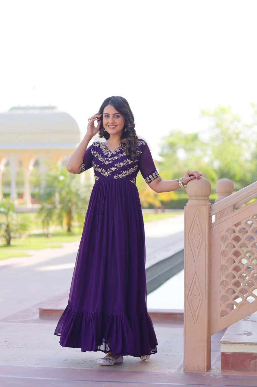 Sonakshi Women's Purple Faux Blooming Sequince Multi Threaded Beads Embroidered Work Anarkali Gown Set