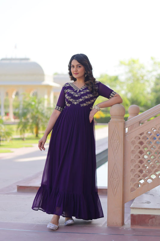 Sonakshi Women's Purple Faux Blooming Sequince Multi Threaded Beads Embroidered Work Anarkali Gown Set
