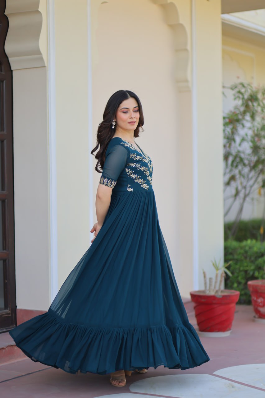Sonakshi Women's Rama Faux Blooming Sequince Multi Threaded Beads Embroidered Work Anarkali Gown Set
