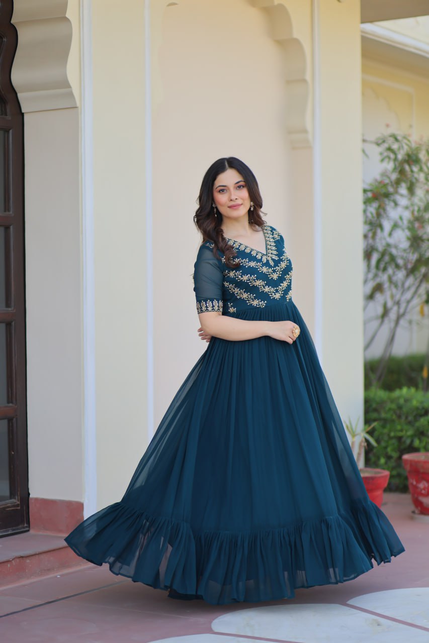Sonakshi Women's Rama Faux Blooming Sequince Multi Threaded Beads Embroidered Work Anarkali Gown Set