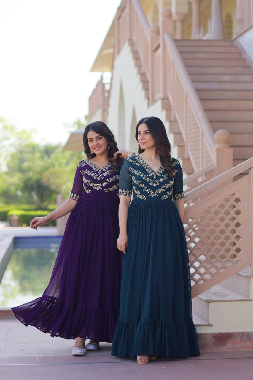 Sonakshi Women's Purple & Rama Faux Blooming Beads embroidery-work Anarkali Gown Set