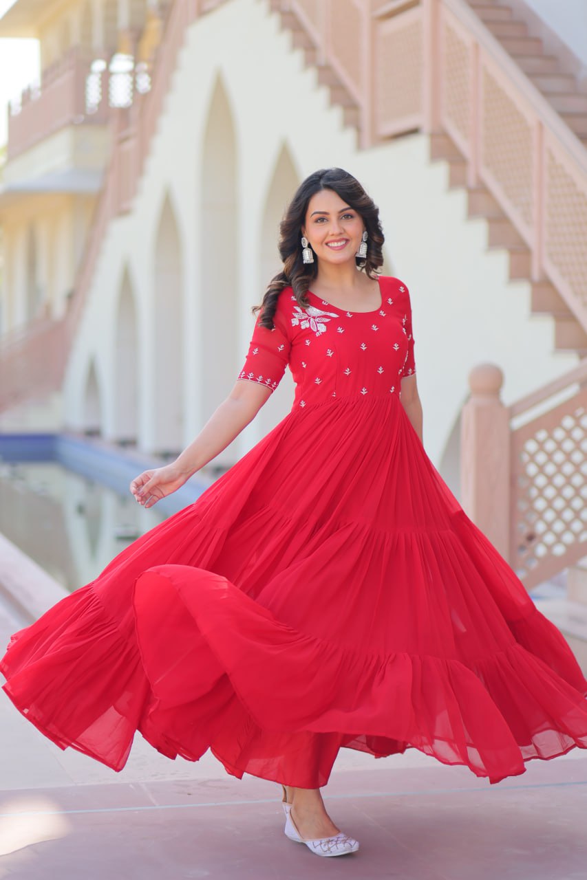 Sonakshi Women's Red Faux Blooming Beads embroidery-work Anarkali Gown Set