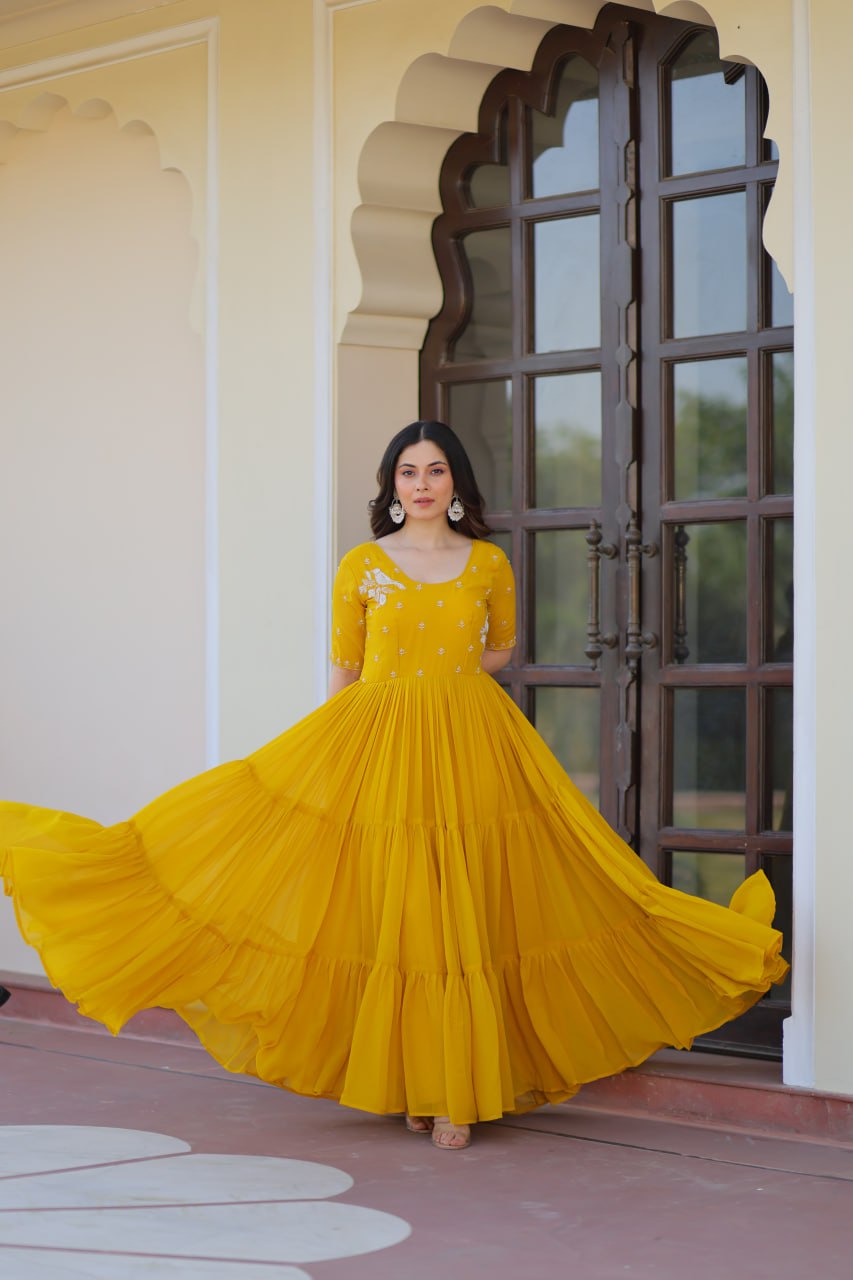 Sonakshi Women's Gold Faux Blooming Beads embroidery-work Anarkali Gown Set