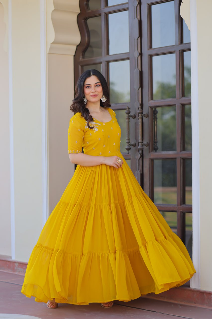 Sonakshi Women's Gold Faux Blooming Beads embroidery-work Anarkali Gown Set