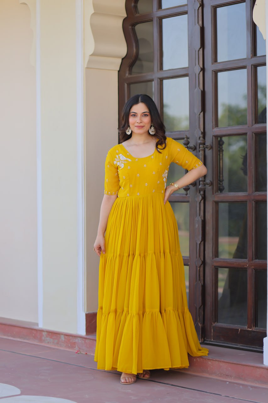 Sonakshi Women's Gold Faux Blooming Beads embroidery-work Anarkali Gown Set