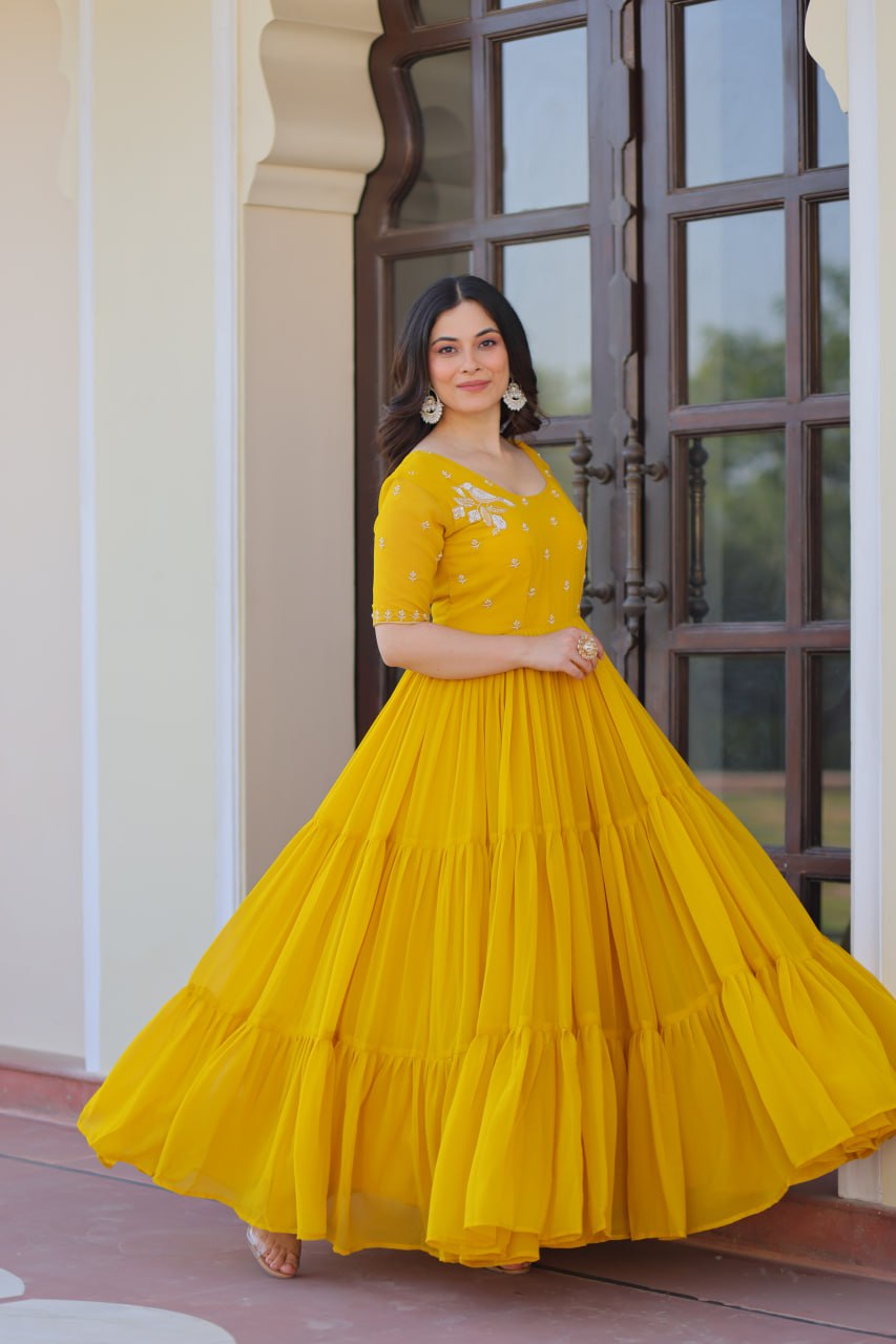 Sonakshi Women's Gold Faux Blooming Beads embroidery-work Anarkali Gown Set