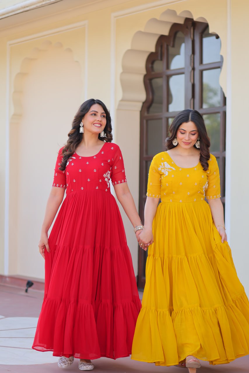 Sonakshi Women's Red & Gold Faux Blooming Beads embroidery-work Anarkali Gown Set
