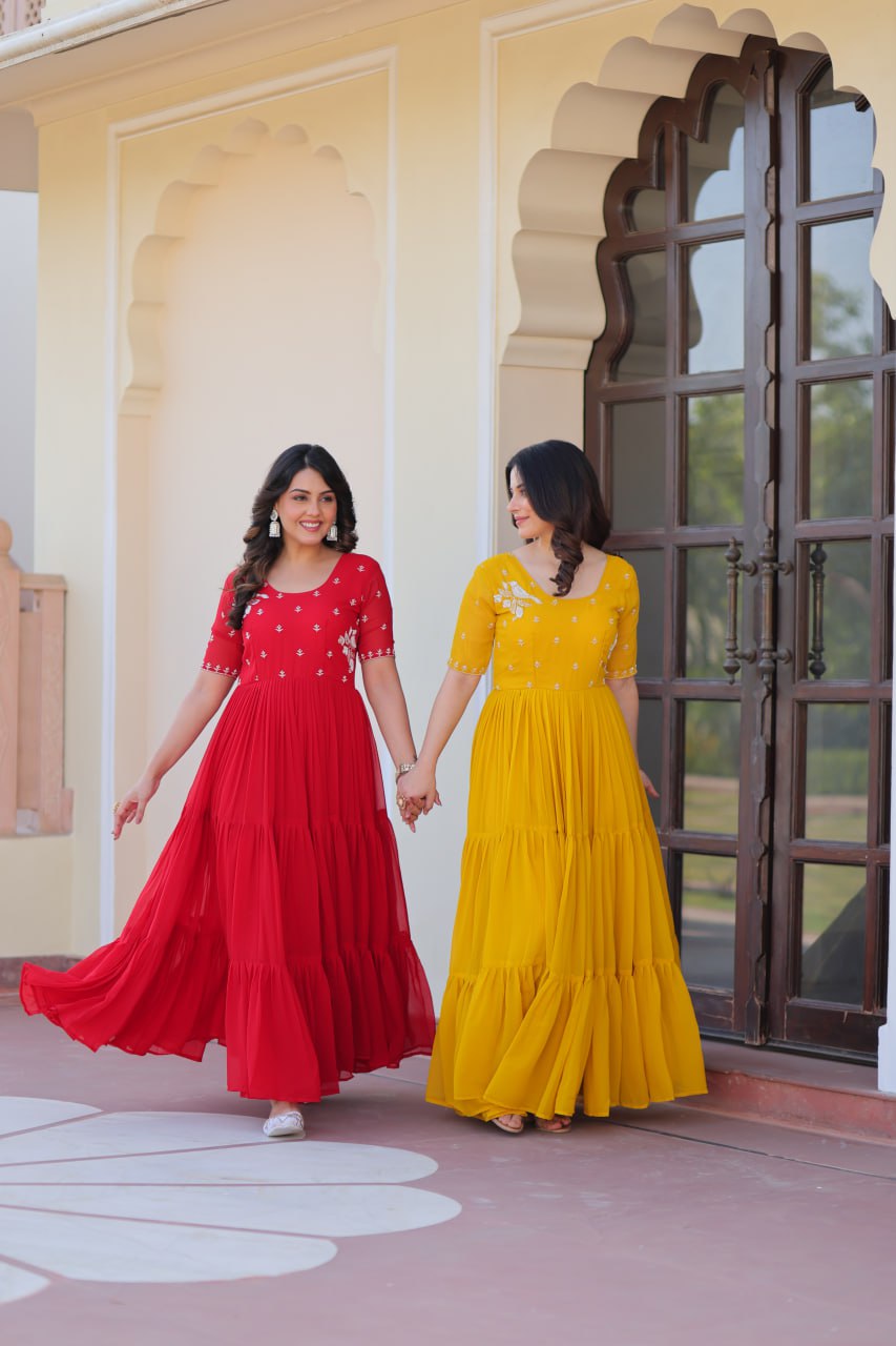 Sonakshi Women's Red & Gold Faux Blooming Beads embroidery-work Anarkali Gown Set