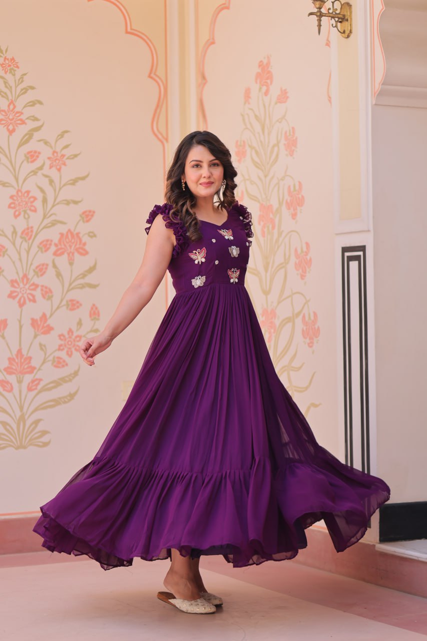 Sonakshi Women's Purple Faux Blooming Beads Embroidered work Anarkali Gown Set