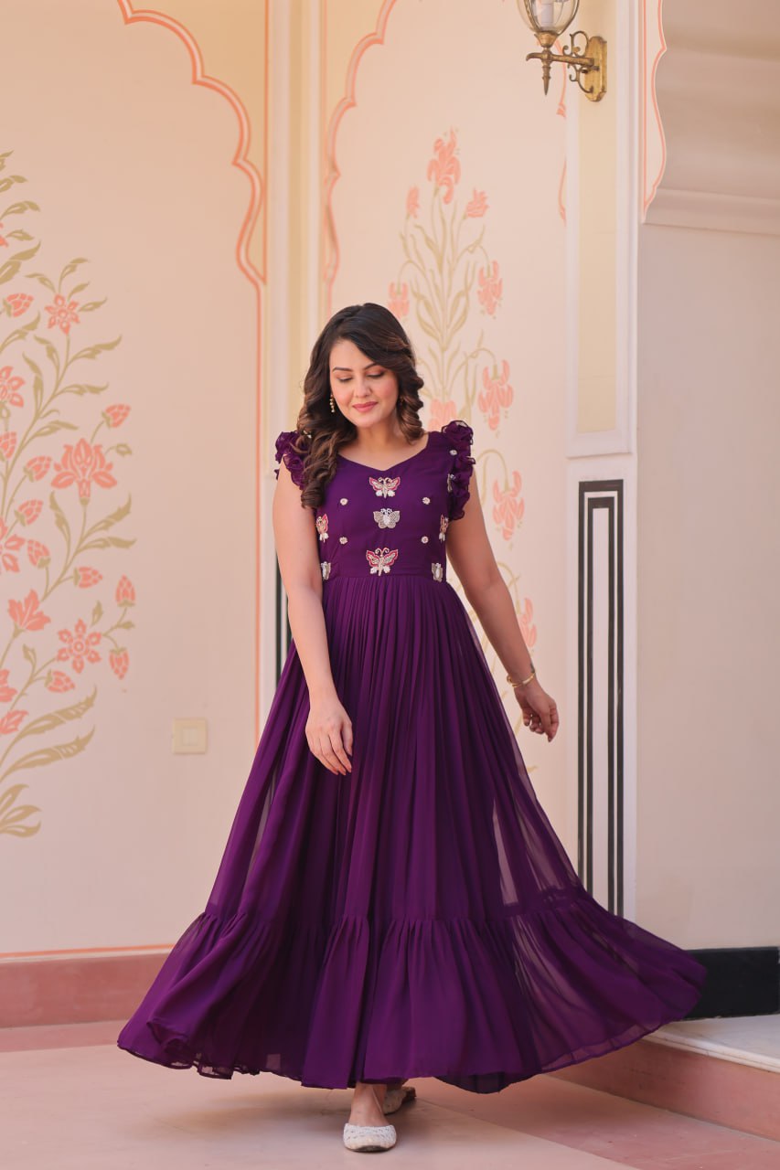 Sonakshi Women's Purple Faux Blooming Beads Embroidered work Anarkali Gown Set