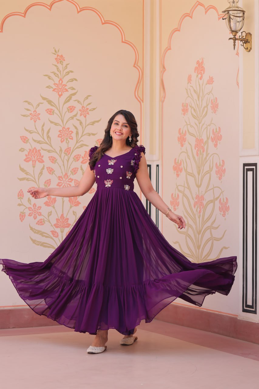 Sonakshi Women's Purple Faux Blooming Beads Embroidered work Anarkali Gown Set