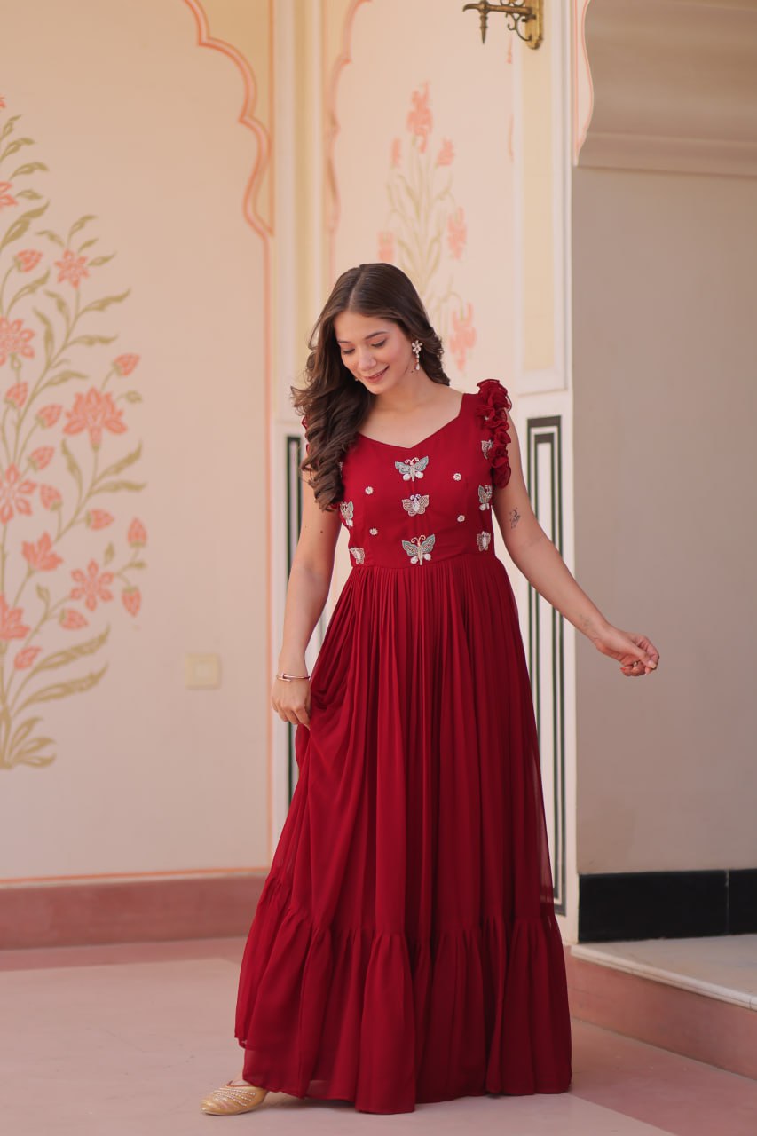 Sonakshi Women's Maroon Faux Blooming Beads Embroidered work Anarkali Gown Set