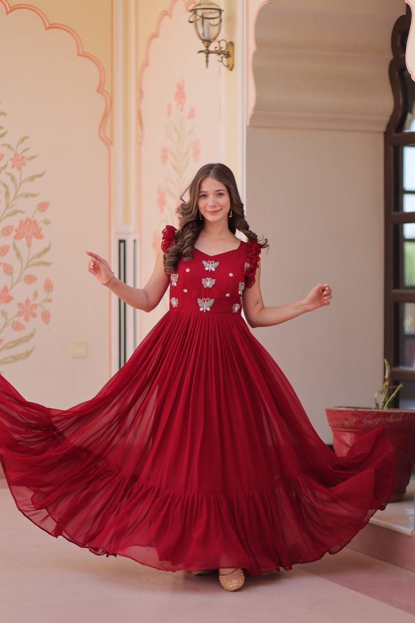 Sonakshi Women's Maroon Faux Blooming Beads Embroidered work Anarkali Gown Set