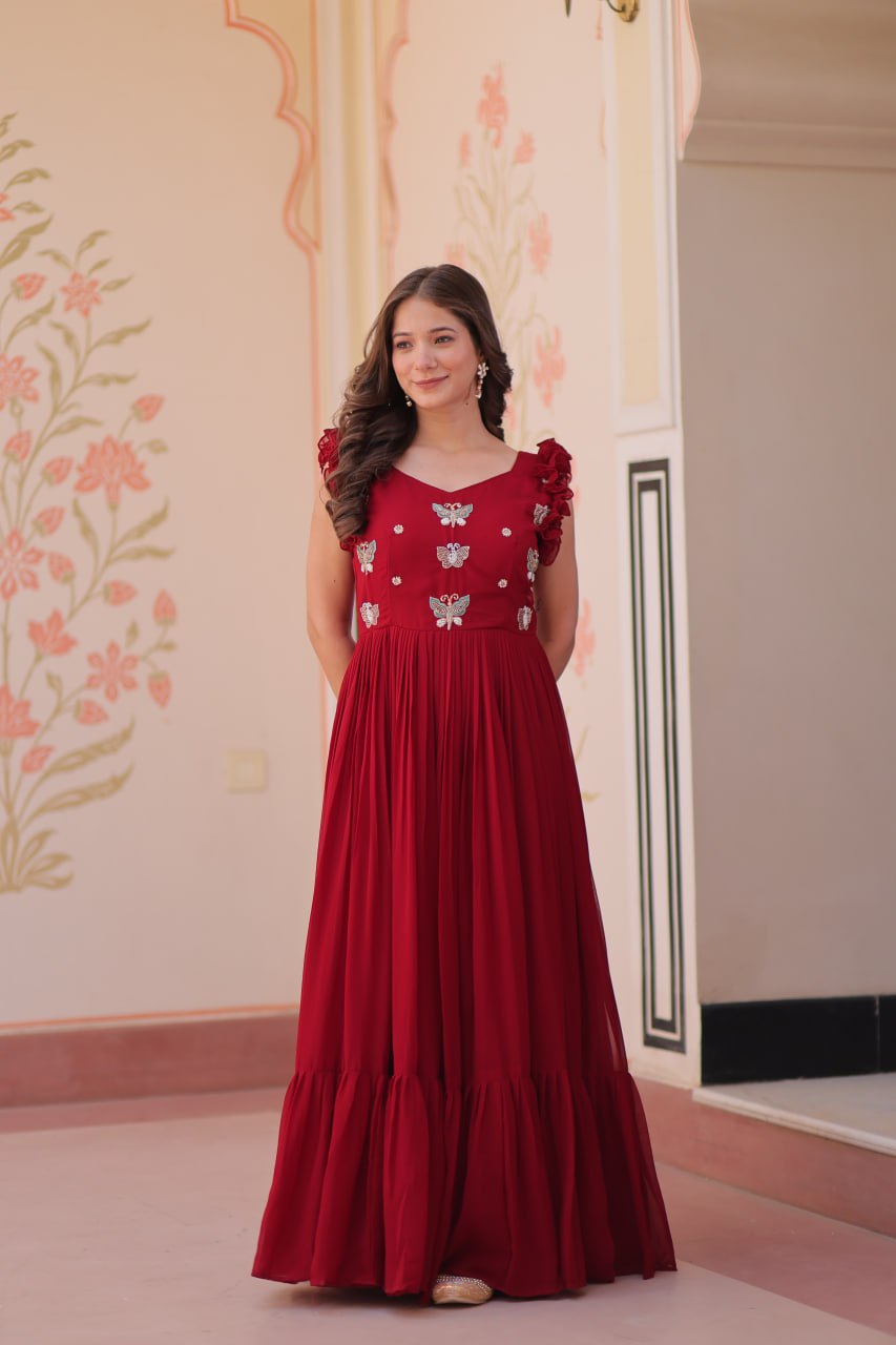 Sonakshi Women's Maroon Faux Blooming Beads Embroidered work Anarkali Gown Set