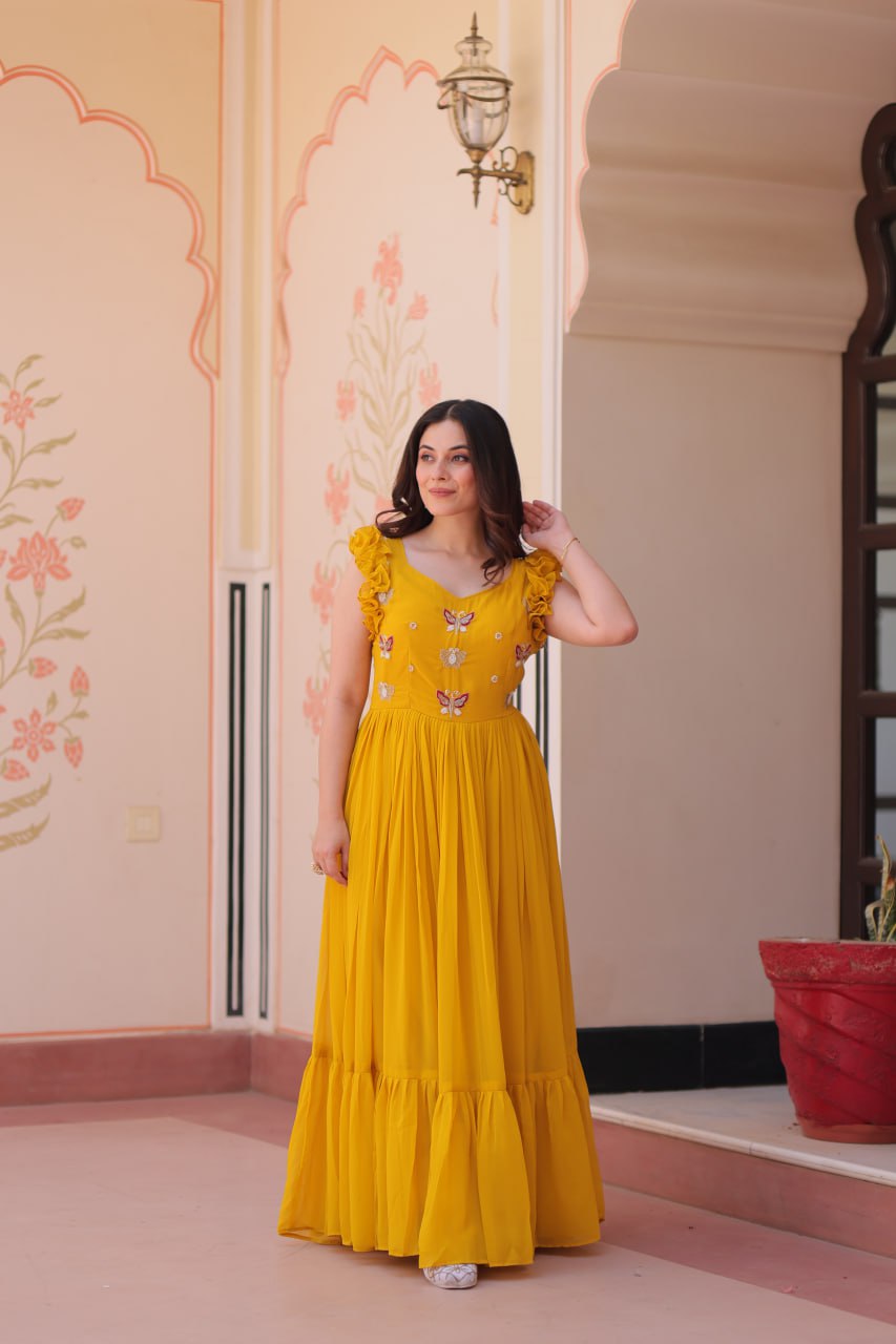 Sonakshi Women's Gold Faux Blooming Beads Embroidered work Anarkali Gown Set