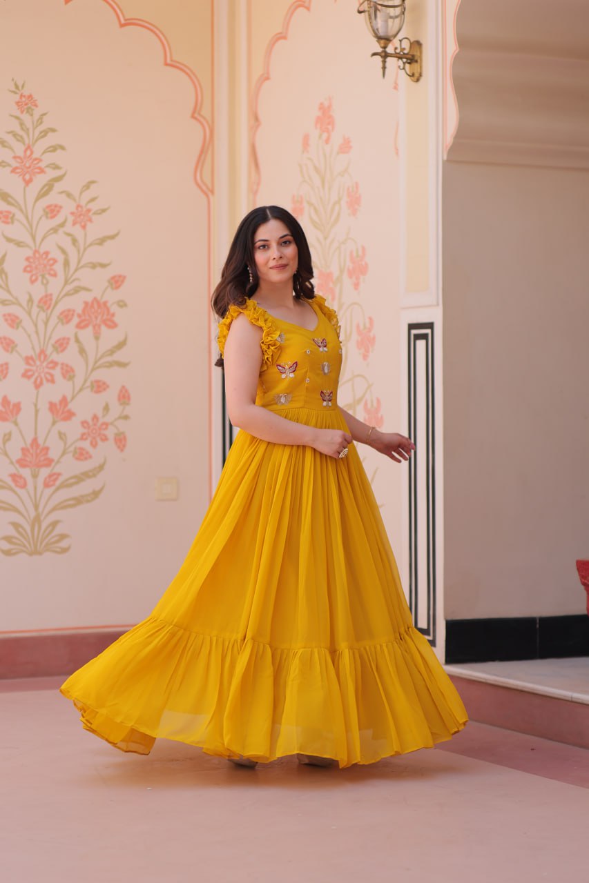 Sonakshi Women's Gold Faux Blooming Beads Embroidered work Anarkali Gown Set