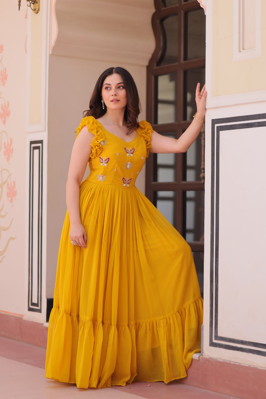 Sonakshi Women's Gold Faux Blooming Beads Embroidered work Anarkali Gown Set