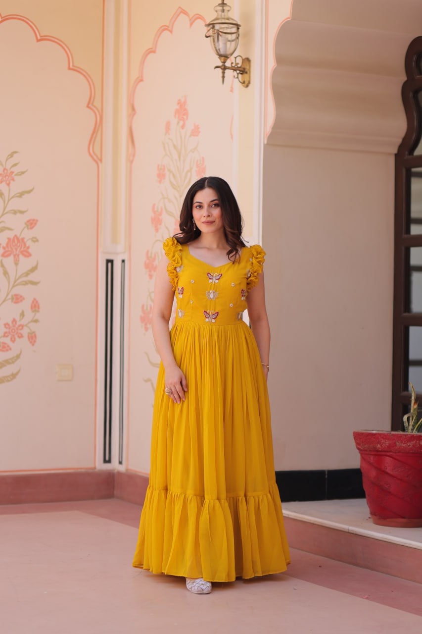 Sonakshi Women's Gold Faux Blooming Beads Embroidered work Anarkali Gown Set