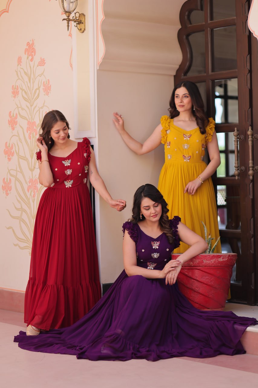Sonakshi Women's Purple , Maroon & Gold Faux Blooming Beads Embroidered work Anarkali Gown Set