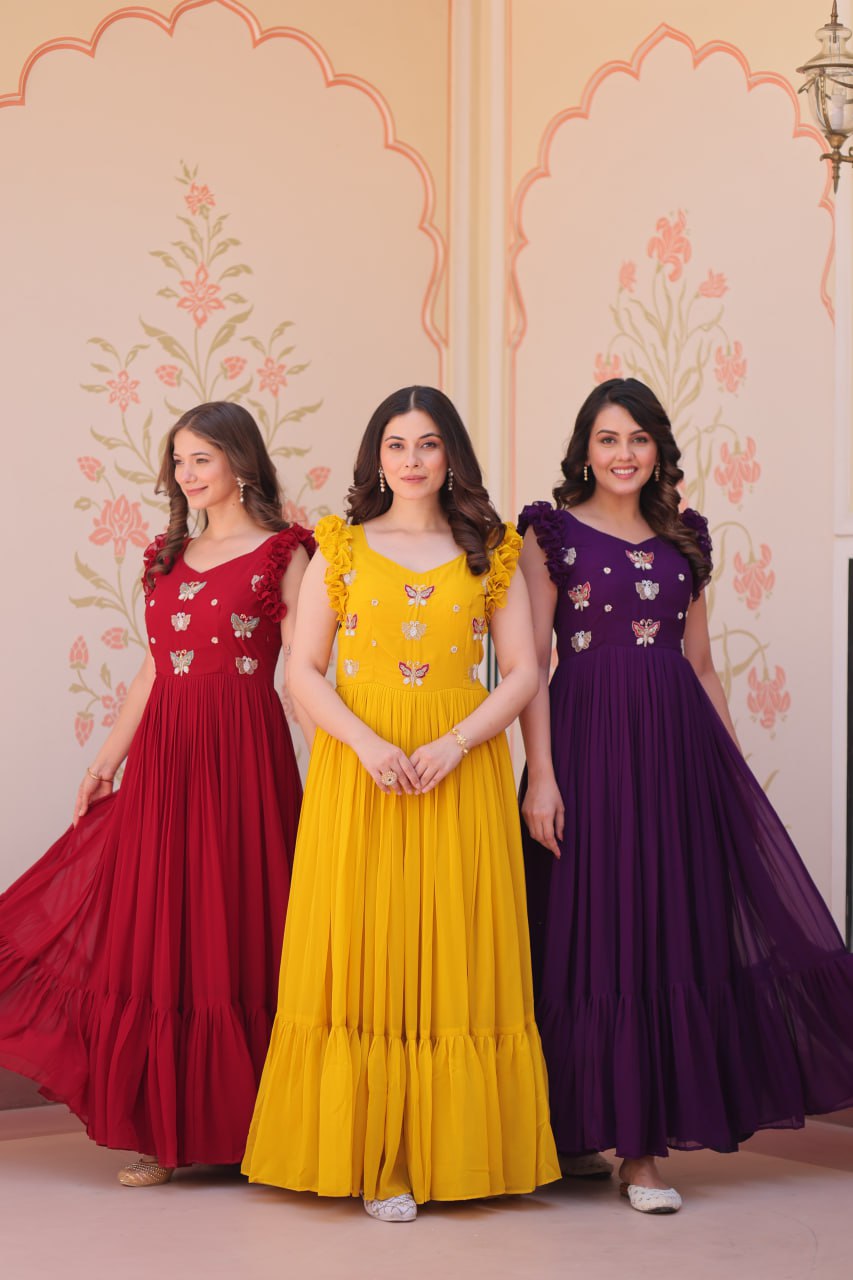 Sonakshi Women's Purple , Maroon & Gold Faux Blooming Beads Embroidered work Anarkali Gown Set