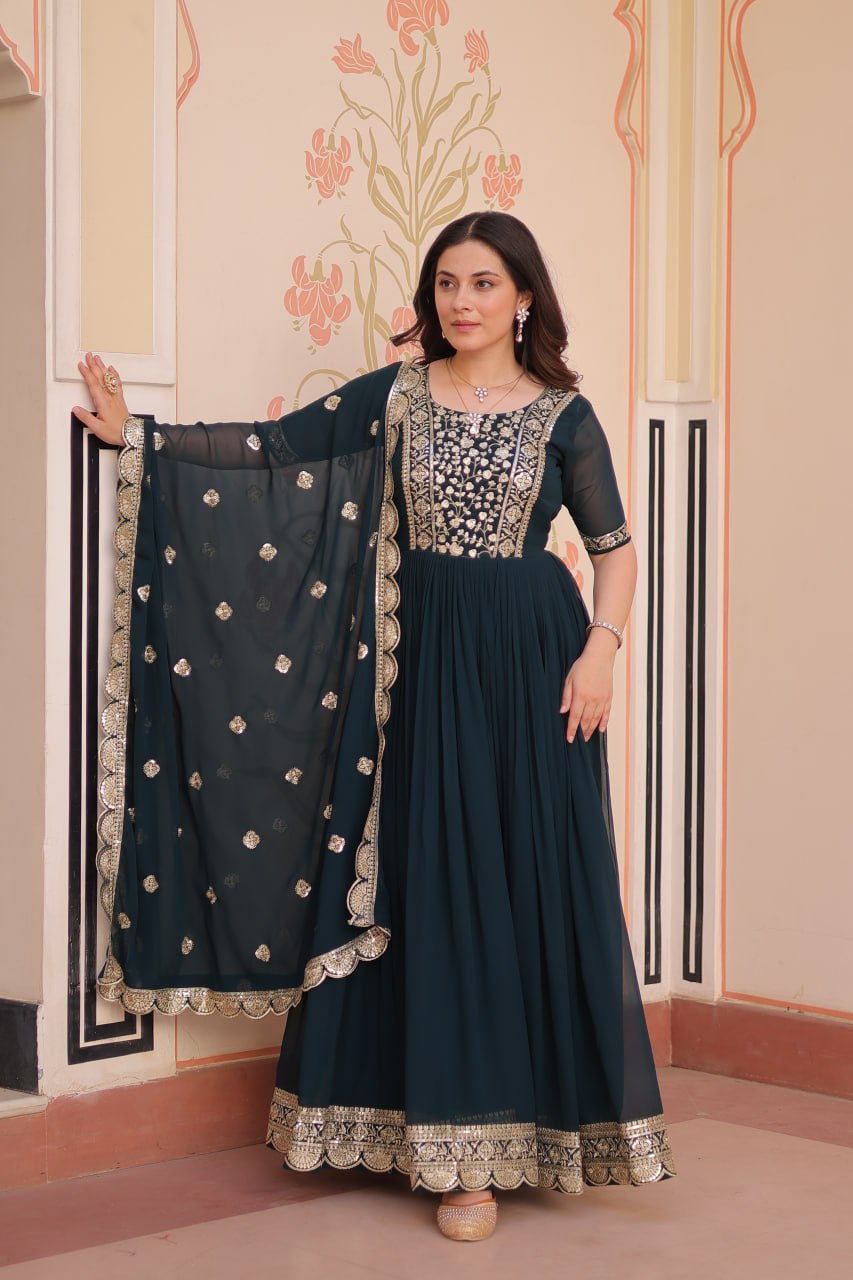 Sonakshi Women's Rama Faux Blooming Embroidered Zari Sequins Work Anarkali Gown Set With Dupatta