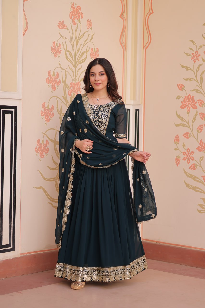 Sonakshi Women's Rama Faux Blooming Embroidered Zari Sequins Work Anarkali Gown Set With Dupatta