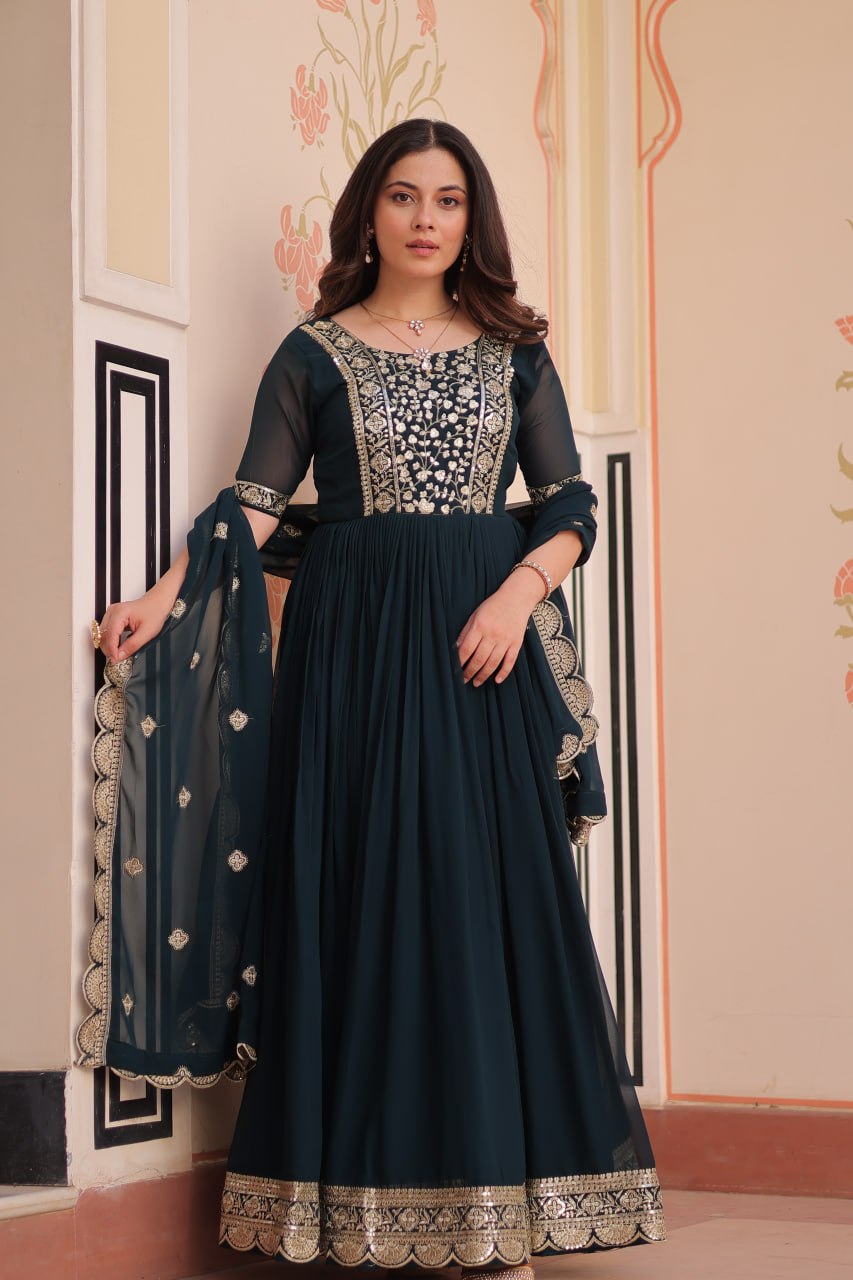 Sonakshi Women's Rama Faux Blooming Embroidered Zari Sequins Work Anarkali Gown Set With Dupatta