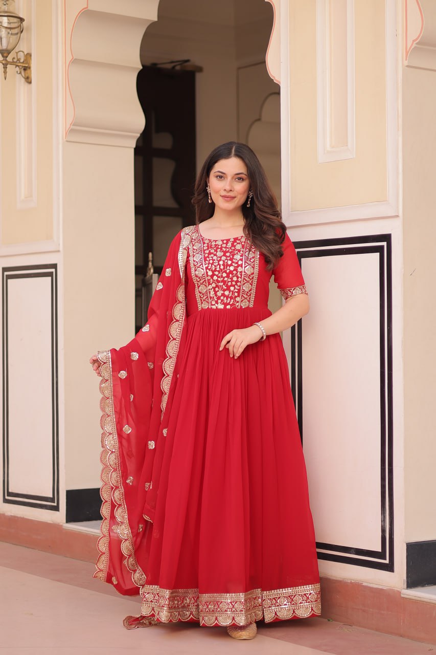 Sonakshi Women's Red Faux Blooming Embroidered Zari Sequins Work Anarkali Gown Set With Dupatta