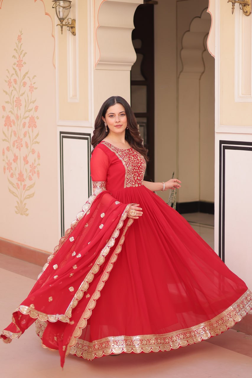 Sonakshi Women's Red Faux Blooming Embroidered Zari Sequins Work Anarkali Gown Set With Dupatta