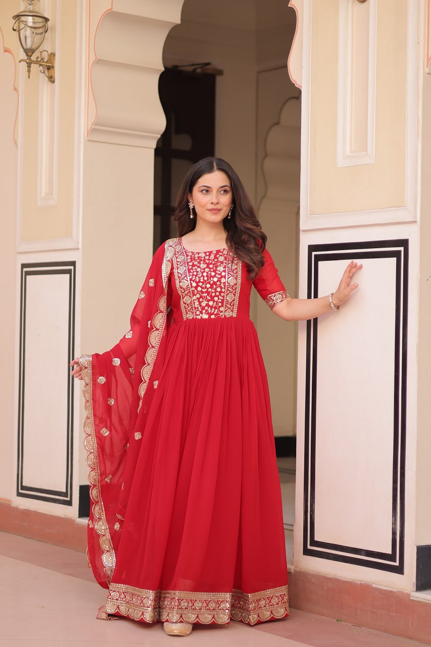 Sonakshi Women's Red Faux Blooming Embroidered Zari Sequins Work Anarkali Gown Set With Dupatta