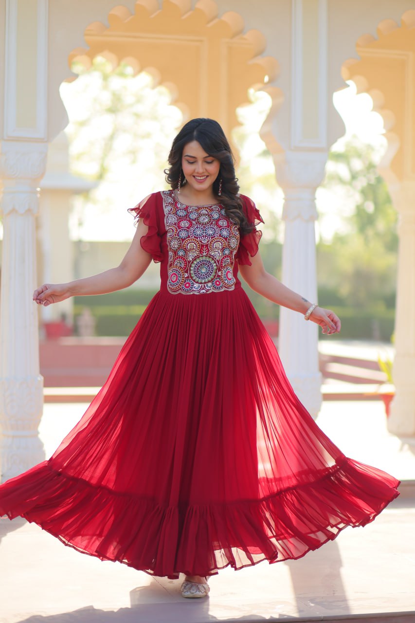 Sonakshi Women's Maroon Faux Blooming Beads and Sequince Multithreaded Embroidered Work Anarkali Gown Set