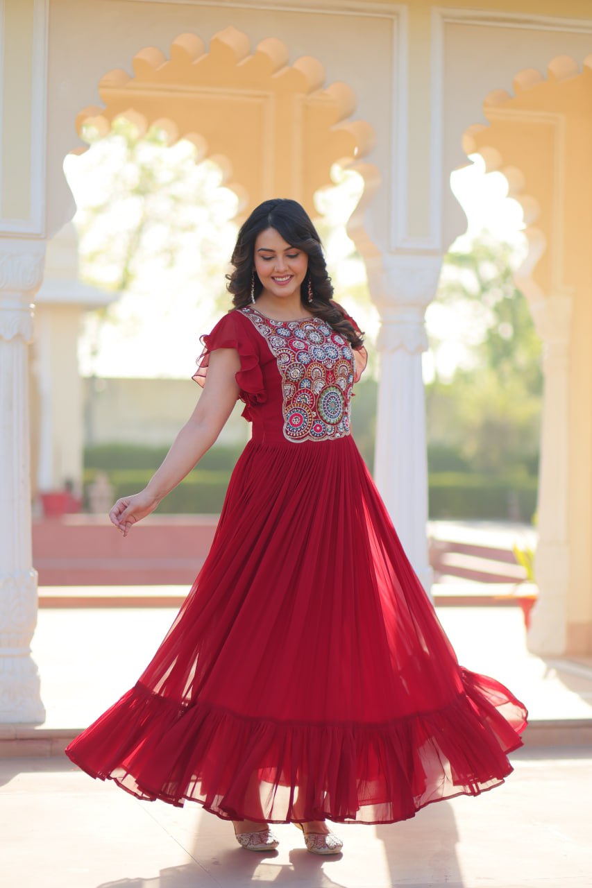 Sonakshi Women's Maroon Faux Blooming Beads and Sequince Multithreaded Embroidered Work Anarkali Gown Set