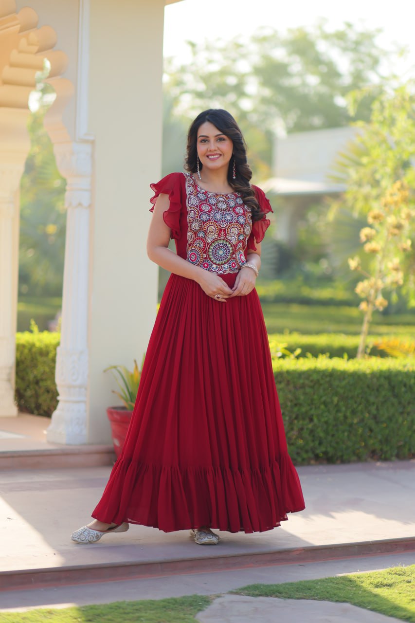 Sonakshi Women's Maroon Faux Blooming Beads and Sequince Multithreaded Embroidered Work Anarkali Gown Set